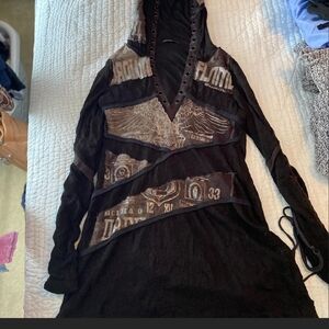 Salvage Y2K Vintage"Drowning In Flames" Black Graphic Hooded Tunic/Mini Dress. L